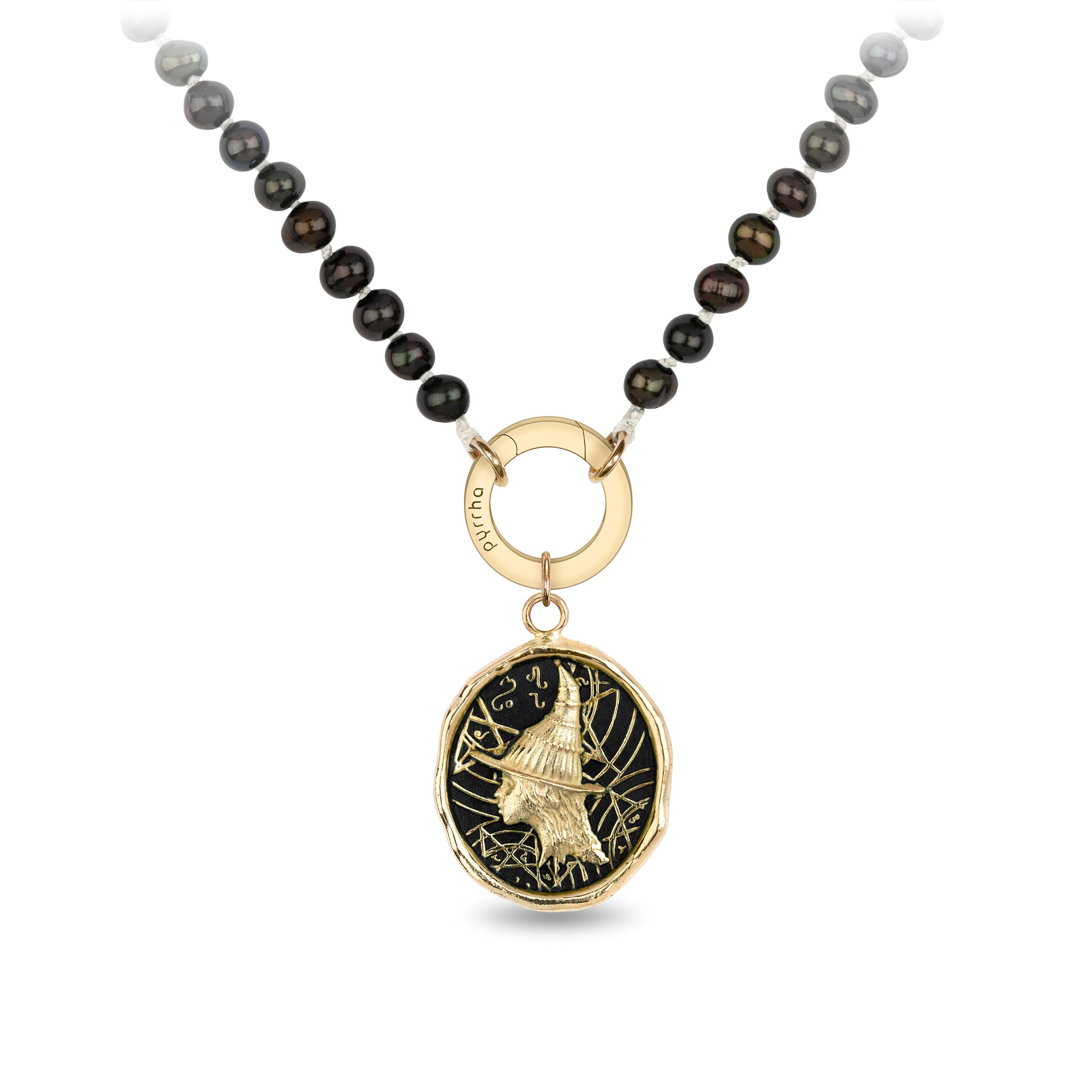 Elphaba 14K Gold Talisman on Knotted Freshwater Pearl Necklace