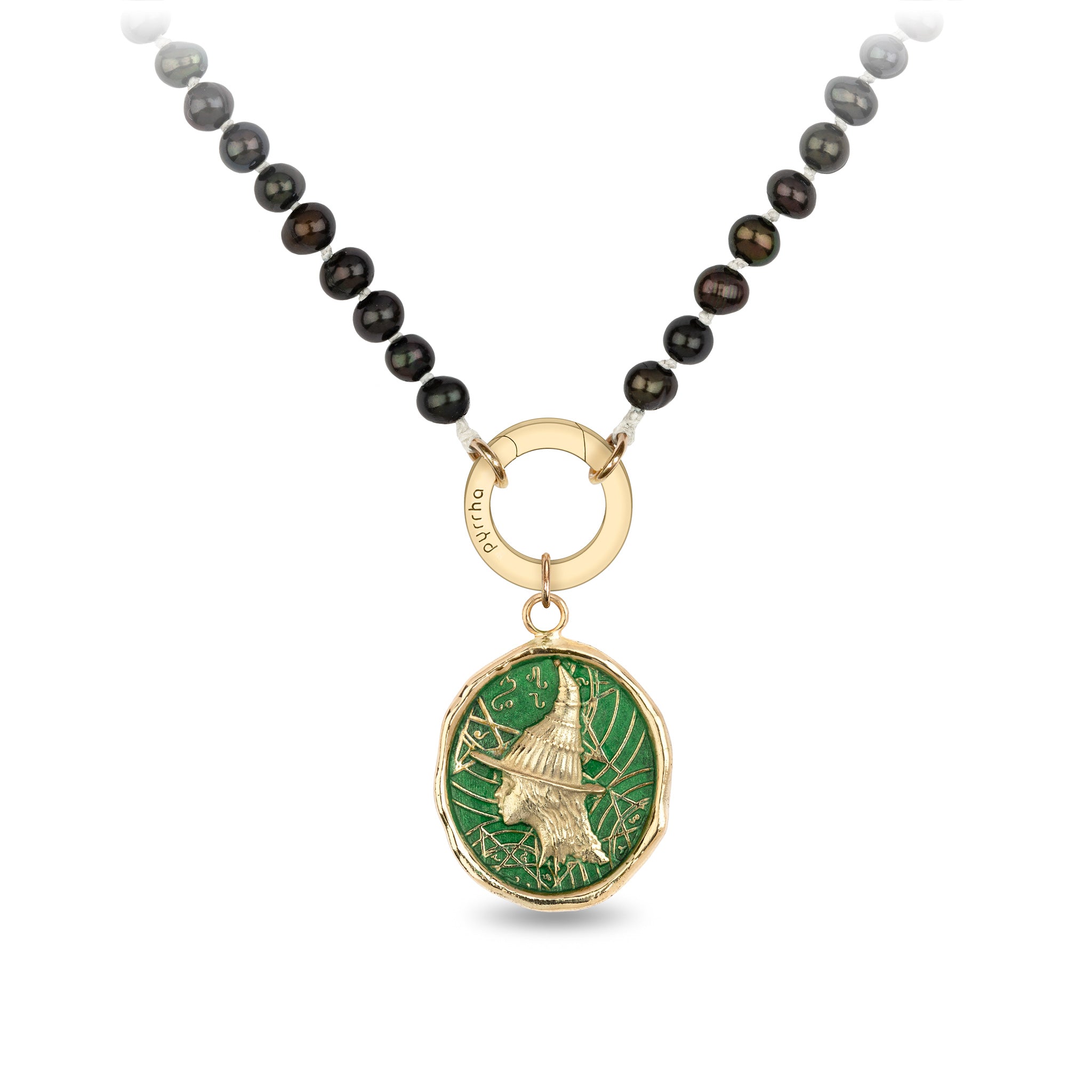 Elphaba 14K Gold Talisman on Knotted Freshwater Pearl Necklace - Wicked Green