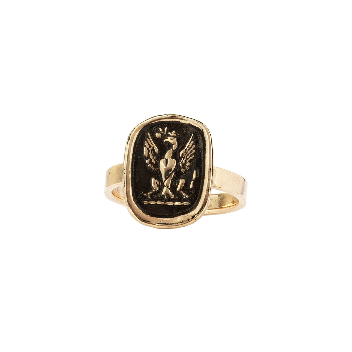 A 14k gold ring with our Follow Your Dreams talisman on the band.