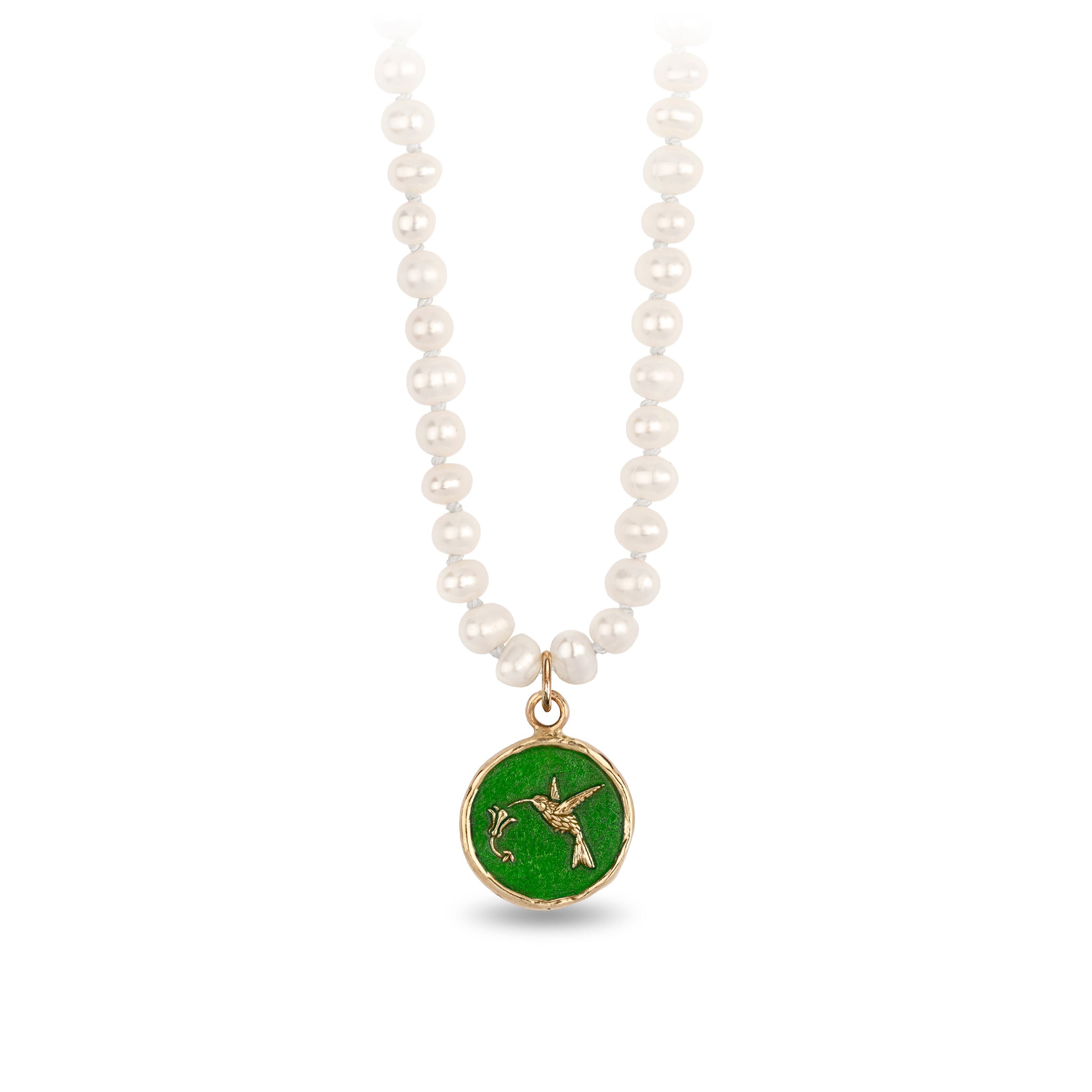 Hummingbird 14K Gold Talisman on Knotted Freshwater Pearl Necklace - True Colors
