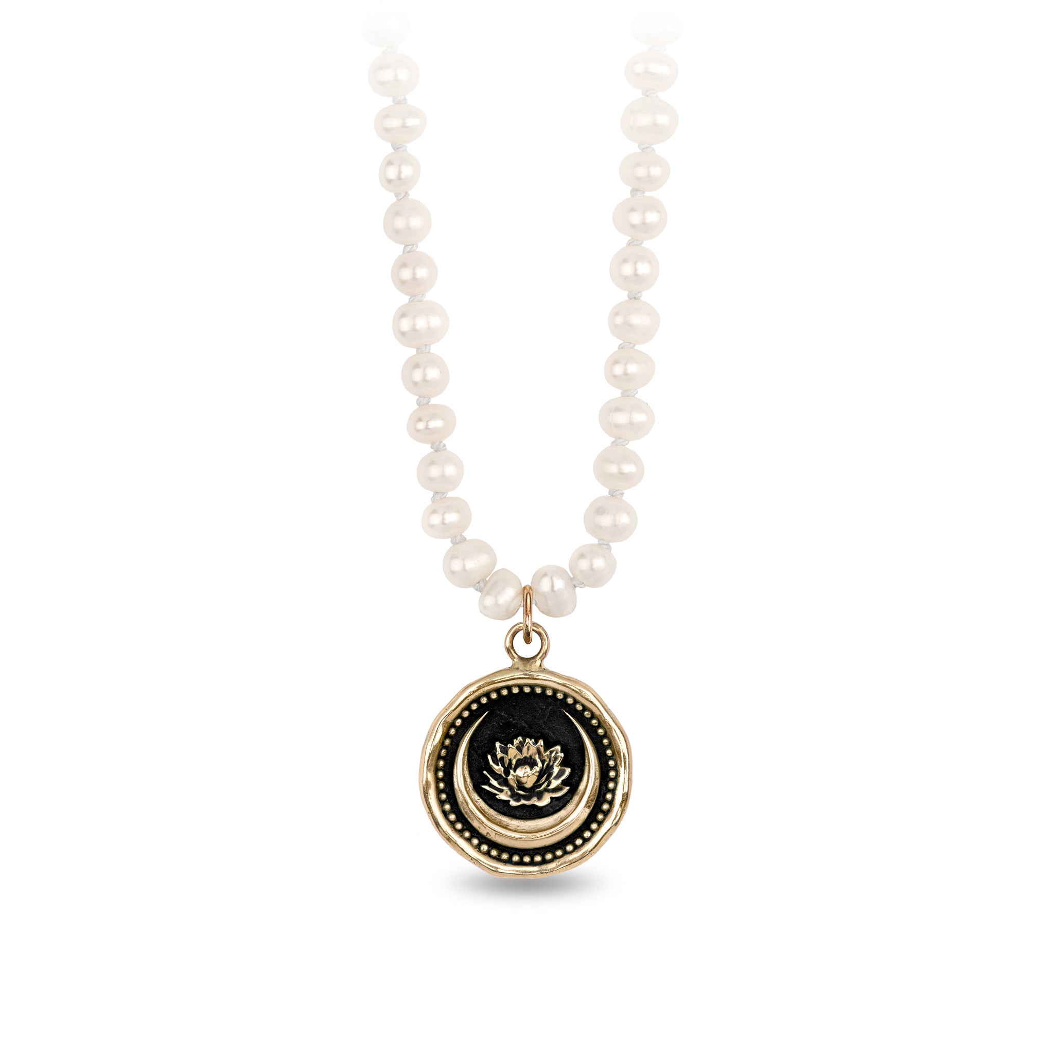 Lotus Flower 14K Gold Talisman on Knotted Freshwater Pearl Necklace