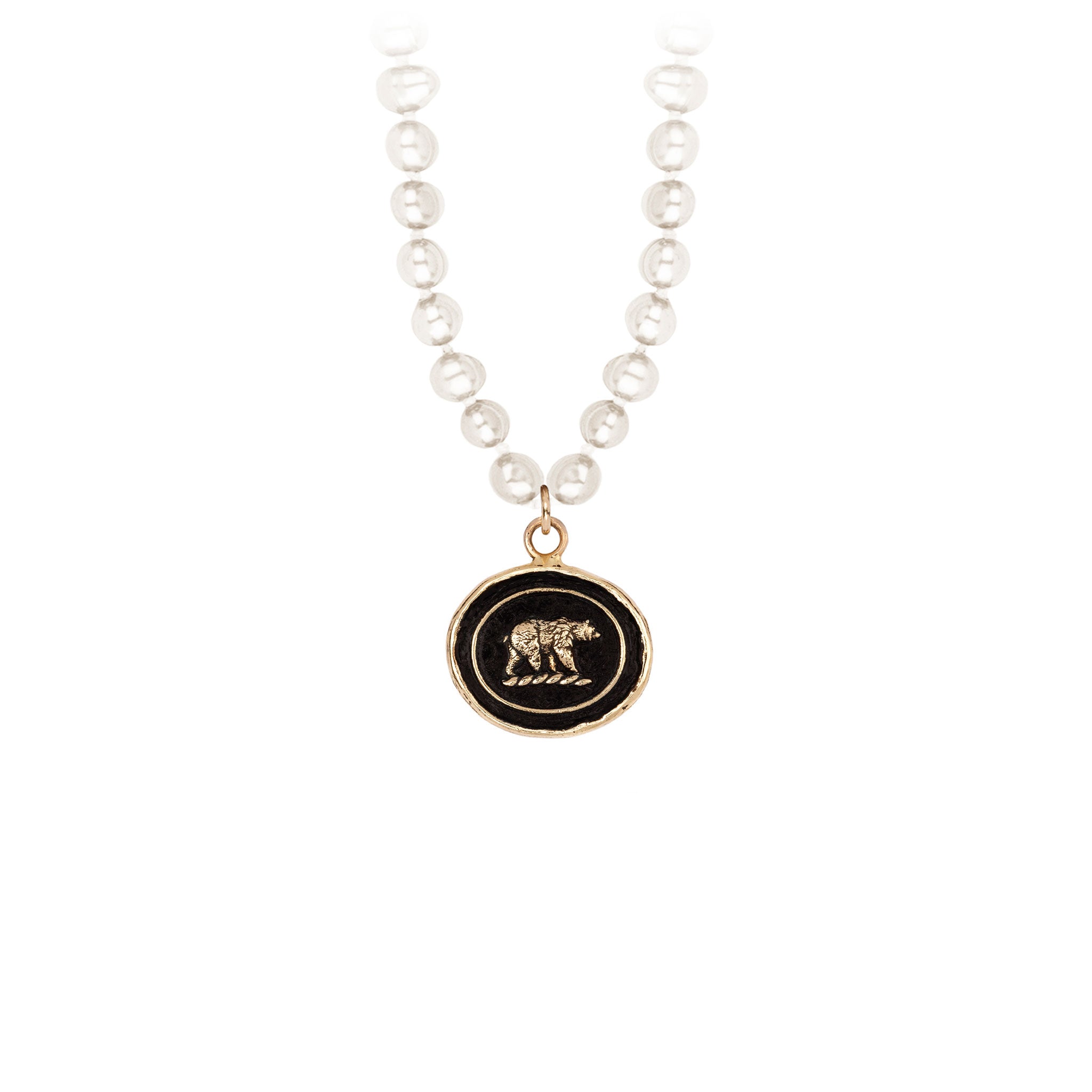 Mother Bear 14K Gold Talisman on Knotted Freshwater Pearl Necklace