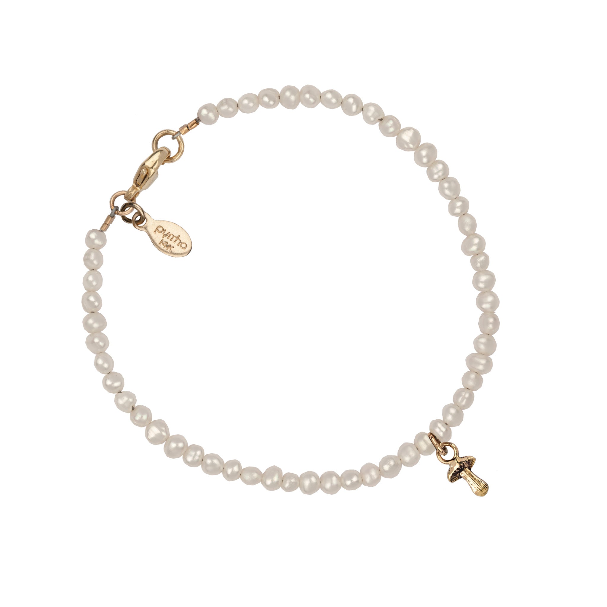 Mushroom 14K Gold Symbol Charm Freshwater Pearl Bracelet