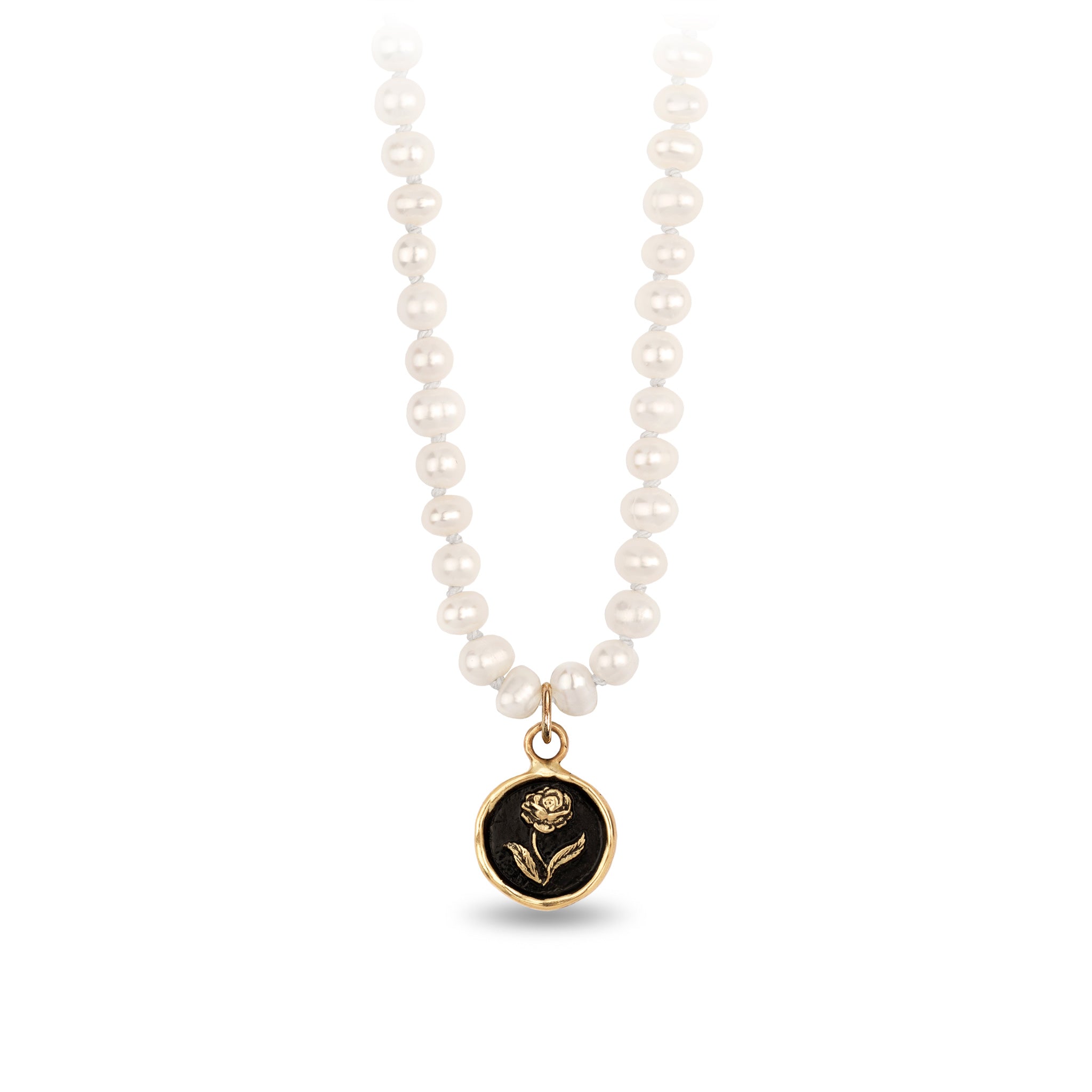 Rose 14K Gold Talisman on Knotted Freshwater Pearl Necklace
