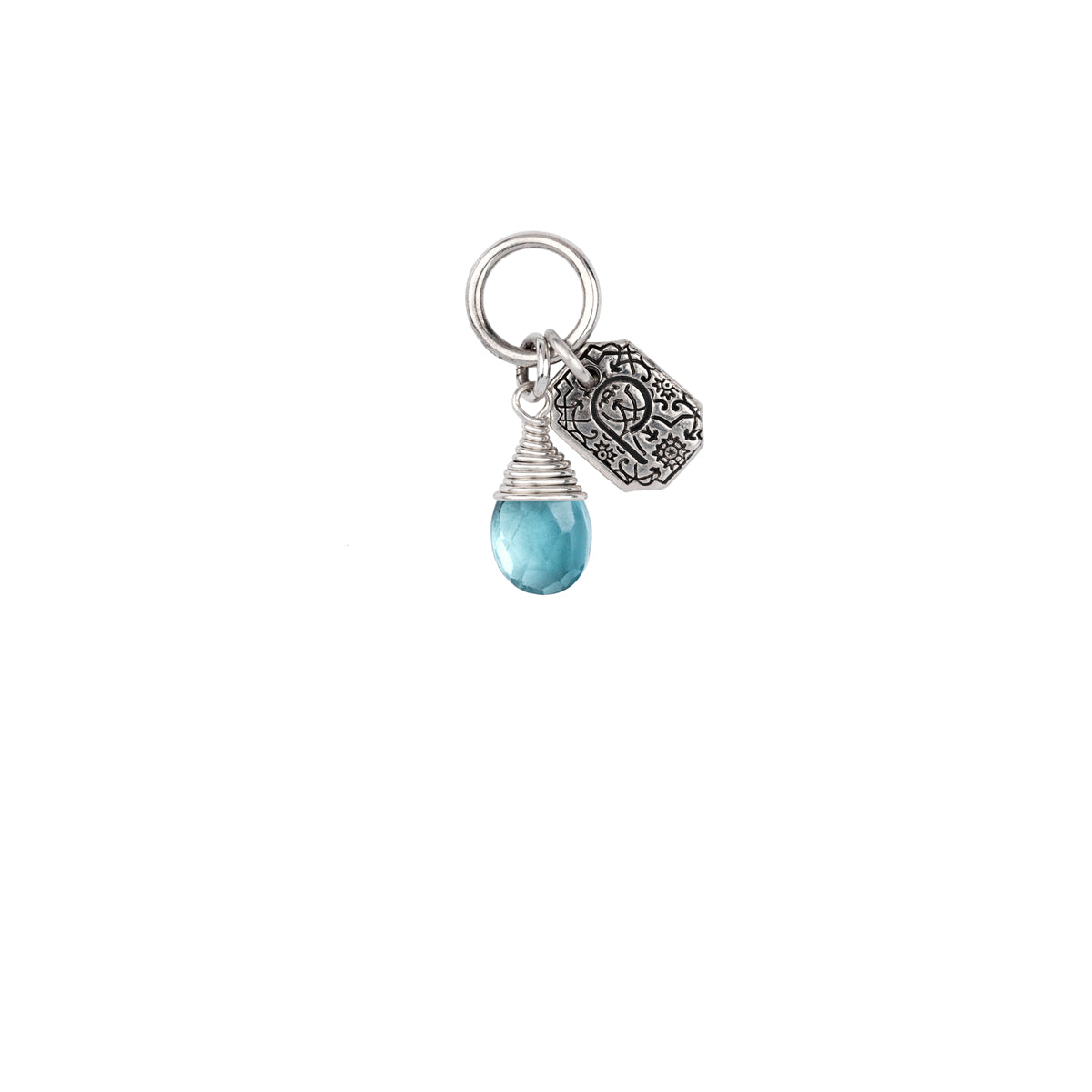 A signature sterling silver capped attraction charm with a semi precious Apatite stone representing Family.