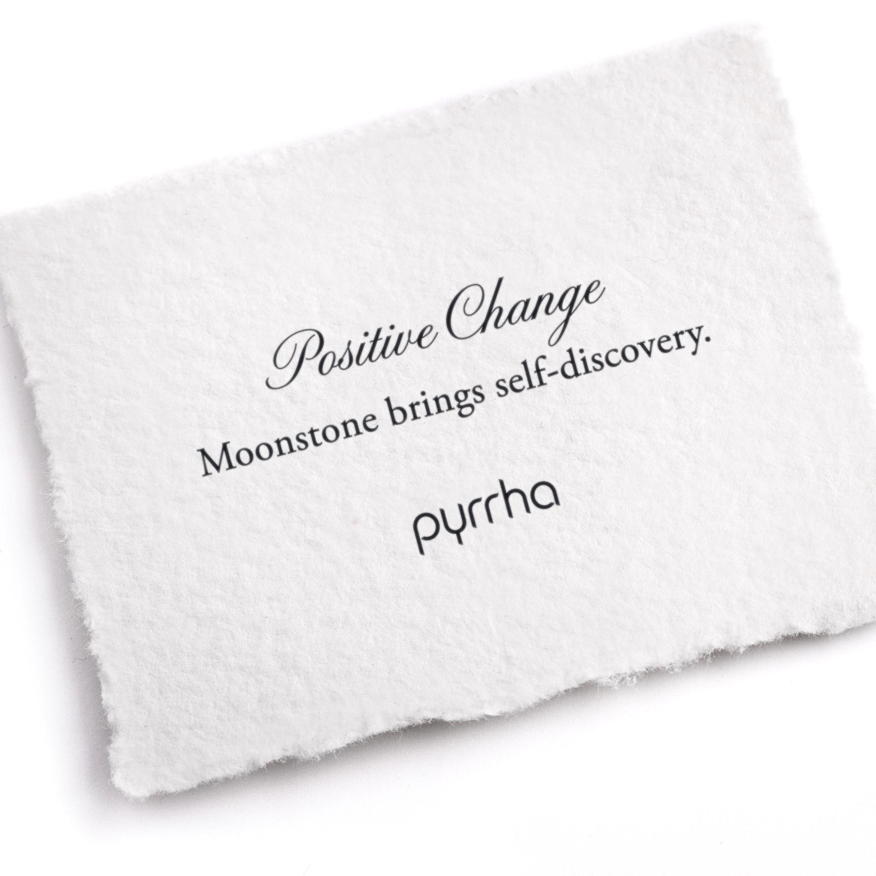 A hand-torn, letterpress printed card describing the meaning for Pyrrha's Positive Change Attraction Charm