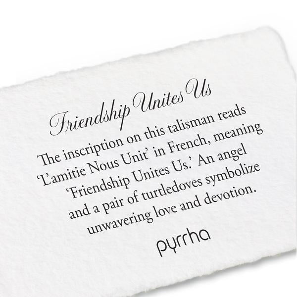 A hand-torn, letterpress printed card describing the meaning for Pyrrha's Friendship Unites Us Talisman