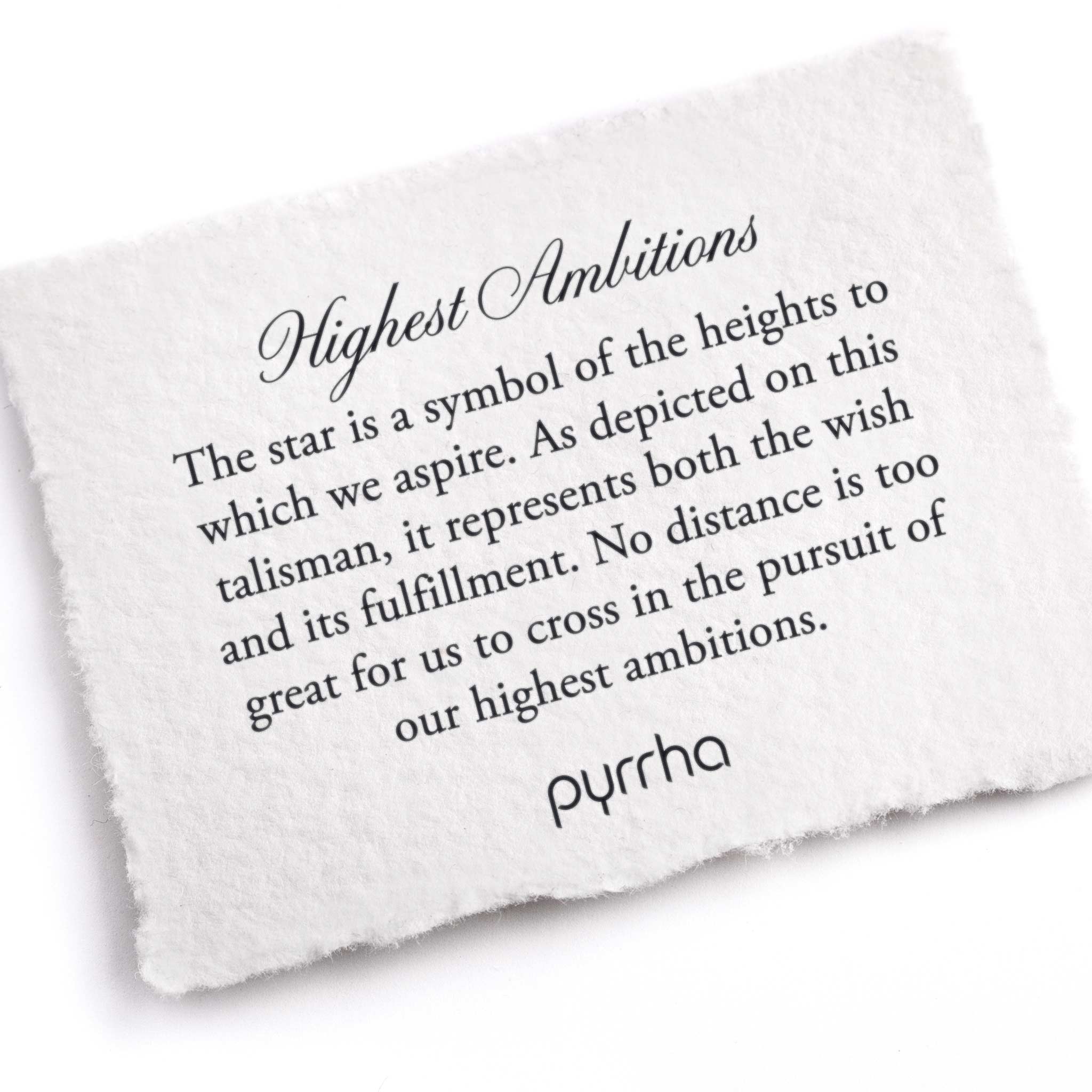 A hand-torn, letterpress printed card describing the meaning for Pyrrha's Highest Ambitions Talisman