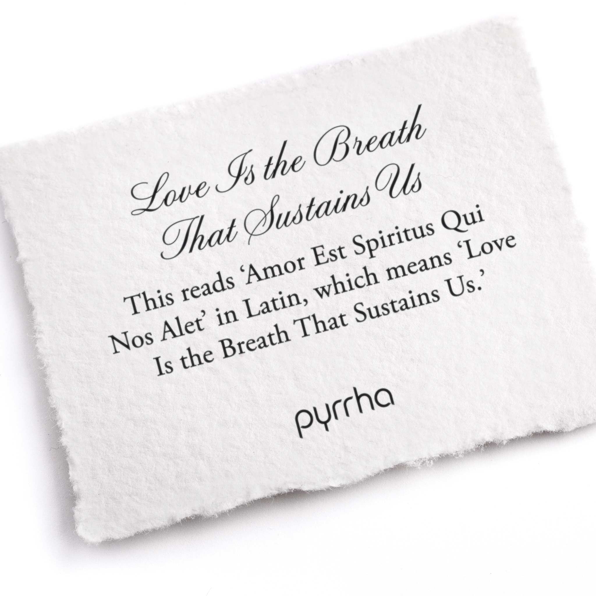 A hand-torn, letterpress printed card describing the meaning for Pyrrha's Love is the Breath That Sustain Us Latin Textured Band Ring