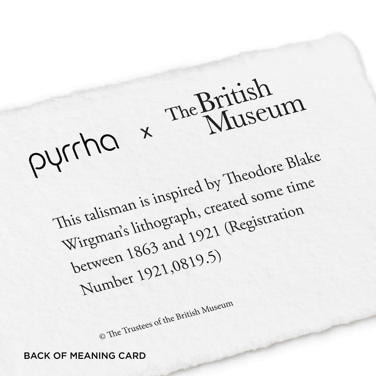 A hand-torn, letterpress printed card describing the meaning for Pyrrha's Votes For Women Talisman