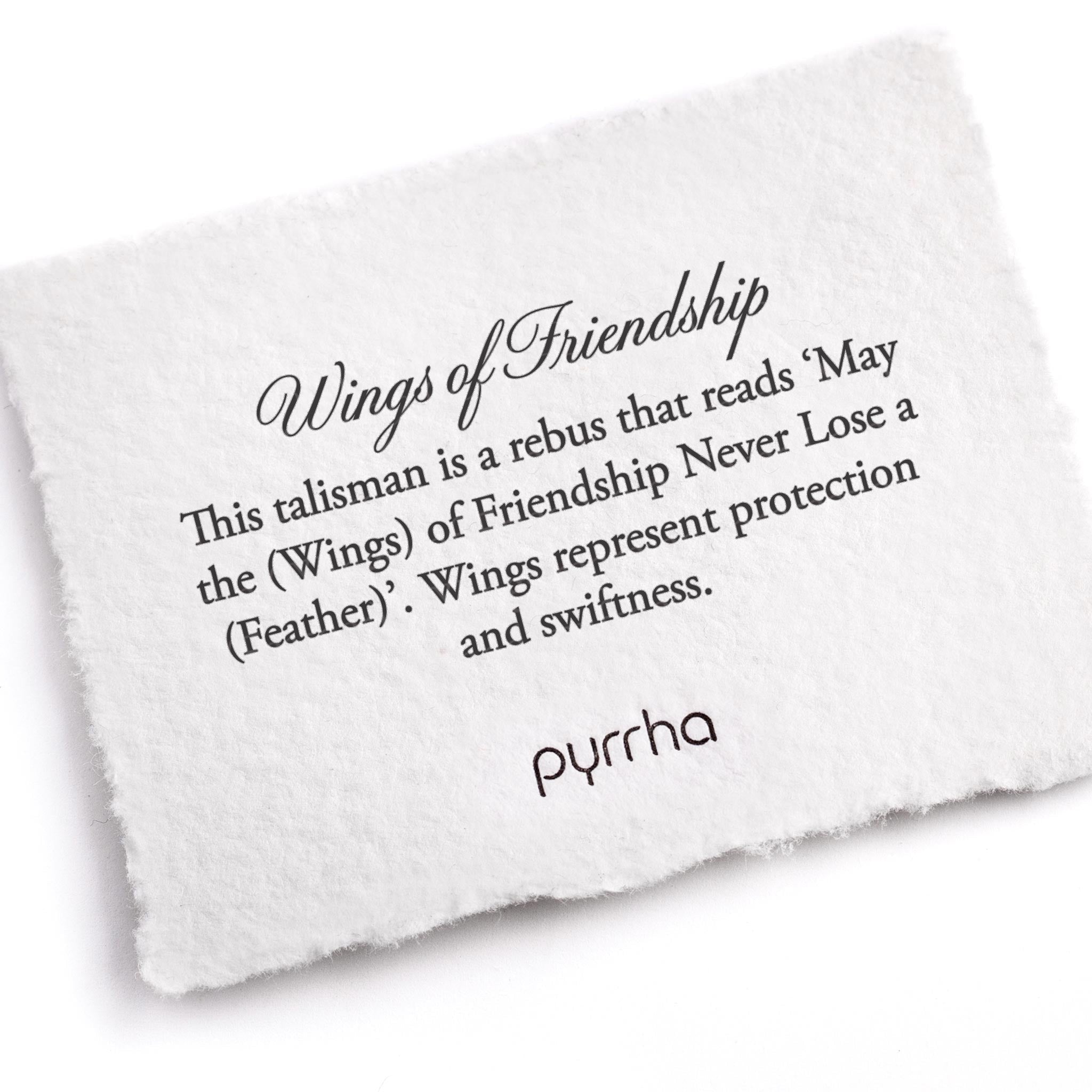 A hand-torn, letterpress printed card describing the meaning for Pyrrha's Wings of Friendship Talisman